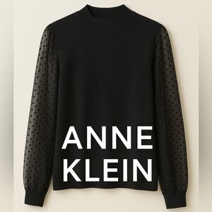 Anne Klein Black Sweater Top with Sheer Polka Dot Sleeves